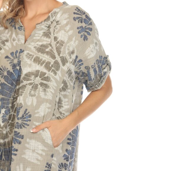 Taupe Print Button Up Sleeves Pockets Dress - Picture 6 of 6